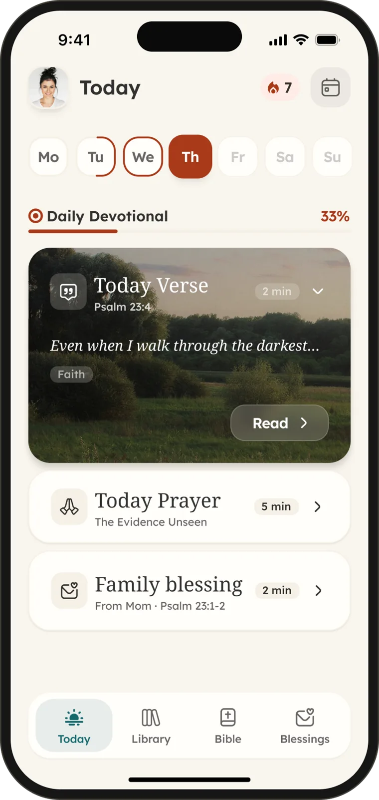 The Blessen Today screen with the verse and prayer of the day
